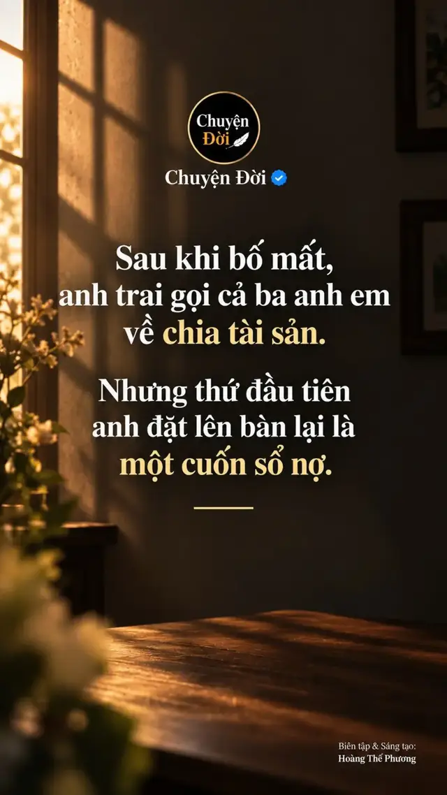 Ảnh minh họa Sau đám tang bố hơn một tuần, anh trai gọi ba anh em tôi về nhà. Anh nói “Bố để lại ít tài sản. Hôm nay anh em mình ngồi lại cho rõ.” Căn nhà, mảnh vườn và một khoản tiền bố gửi ngân hàng. Nhưng vừa