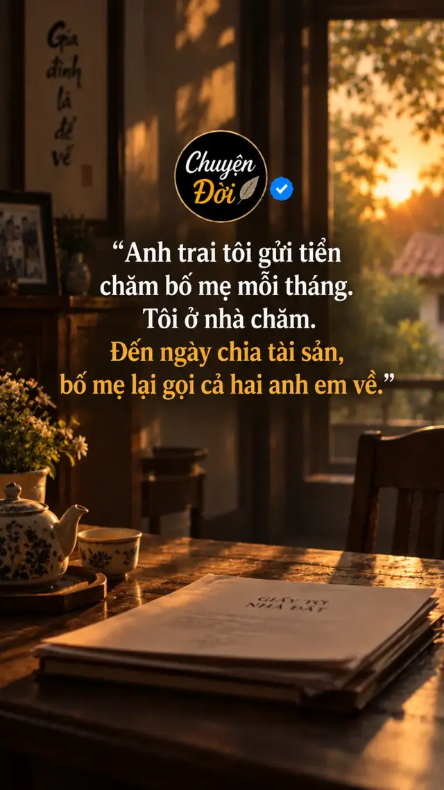 Ảnh minh họa Anh trai tôi gửi tiền chăm bố mẹ mỗi tháng. Tôi ở nhà chăm. Đến ngày chia tài sản, bố mẹ lại gọi cả hai anh em về. Anh tôi đi làm xa hơn mười năm. Mỗi tháng, đúng ngày, anh đều chuyển tiền về. Tiền
