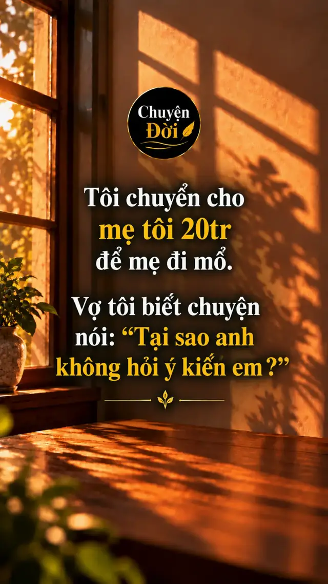 Ảnh minh họa Tôi chuyển cho mẹ tôi 20tr để mẹ đi mổ. Vợ tôi biết chuyện nói “Tại sao anh không hỏi ý kiến em” Tôi khựng lại. Trong đầu tôi, chuyện ấy vốn chẳng có gì phải bàn. Mẹ đang nằm viện, bác sĩ nói cần